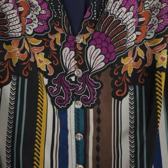 FIGUEROA & Flower Women's MEDIUM Green Pink Floral Blouse Shirt Top Boho Striped - Picture 8 of 10